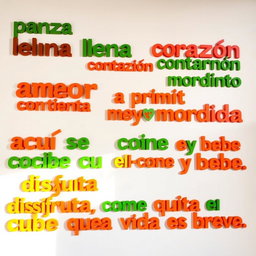 A white background wall adorned with vibrant and warm Instagrammable phrases: "panza llena corazón contento", "amor a primera mordida", "aquí se cocina con el corazón", and "disfruta, come y bebe que la vida es breve"