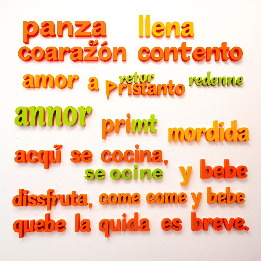 A white background wall adorned with vibrant and warm Instagrammable phrases: "panza llena corazón contento", "amor a primera mordida", "aquí se cocina con el corazón", and "disfruta, come y bebe que la vida es breve"