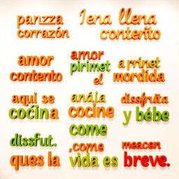 A white background wall adorned with vibrant and warm Instagrammable phrases: "panza llena corazón contento", "amor a primera mordida", "aquí se cocina con el corazón", and "disfruta, come y bebe que la vida es breve"
