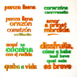 A white background wall adorned with vibrant and warm Instagrammable phrases: "panza llena corazón contento", "amor a primera mordida", "aquí se cocina con el corazón", and "disfruta, come y bebe que la vida es breve"
