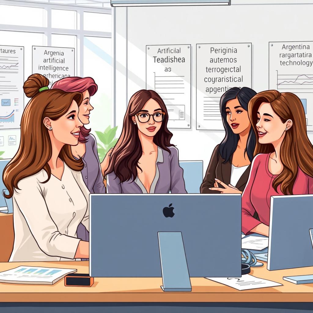 A vibrant illustration of a group of Argentine female teachers collaborating in a workshop on artificial intelligence