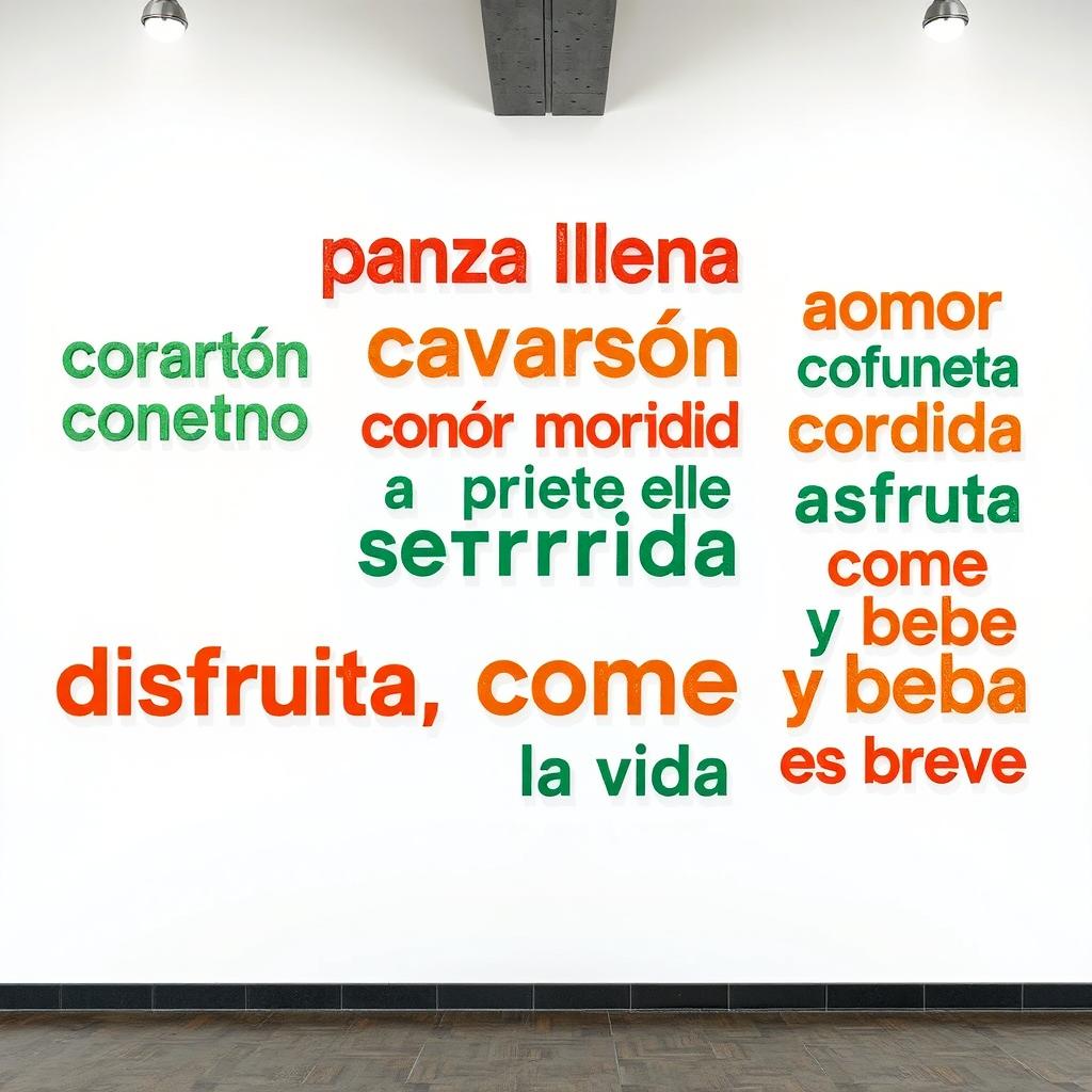 A white background wall featuring modern, Instagrammable phrases arranged in a vertical design: "panza llena corazón contento", "amor a primera mordida", "aquí se cocina con el corazón", and "disfruta, come y bebe que la vida es breve"