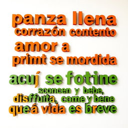 A white background wall featuring modern, Instagrammable phrases arranged in a vertical design: "panza llena corazón contento", "amor a primera mordida", "aquí se cocina con el corazón", and "disfruta, come y bebe que la vida es breve"
