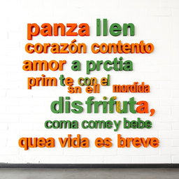 A white background wall featuring modern, Instagrammable phrases arranged in a vertical design: "panza llena corazón contento", "amor a primera mordida", "aquí se cocina con el corazón", and "disfruta, come y bebe que la vida es breve"