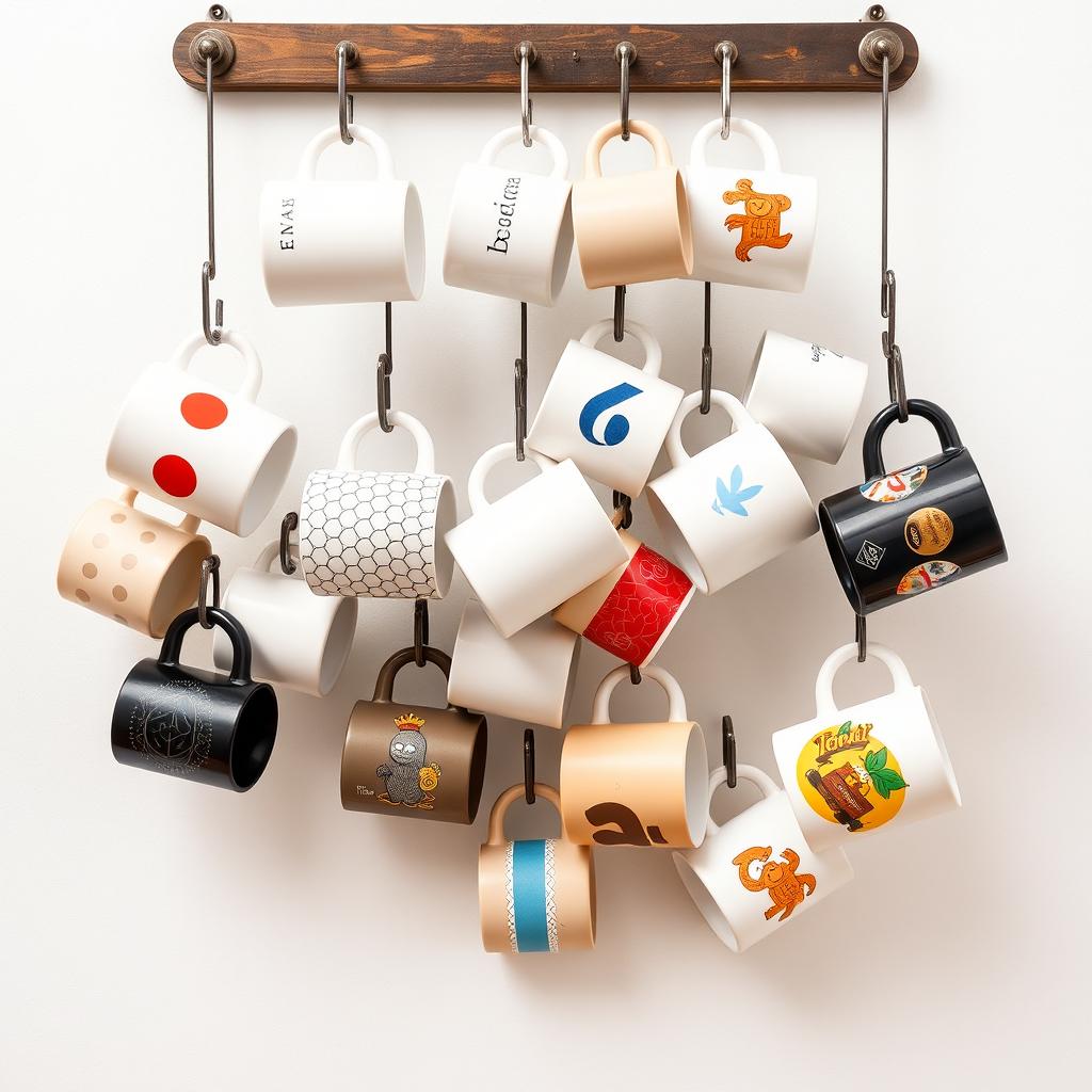 A vertical design featuring Instagrammable hanging mugs, showcasing a modern and industrial aesthetic