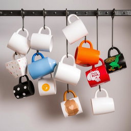 A vertical design featuring Instagrammable hanging mugs, showcasing a modern and industrial aesthetic