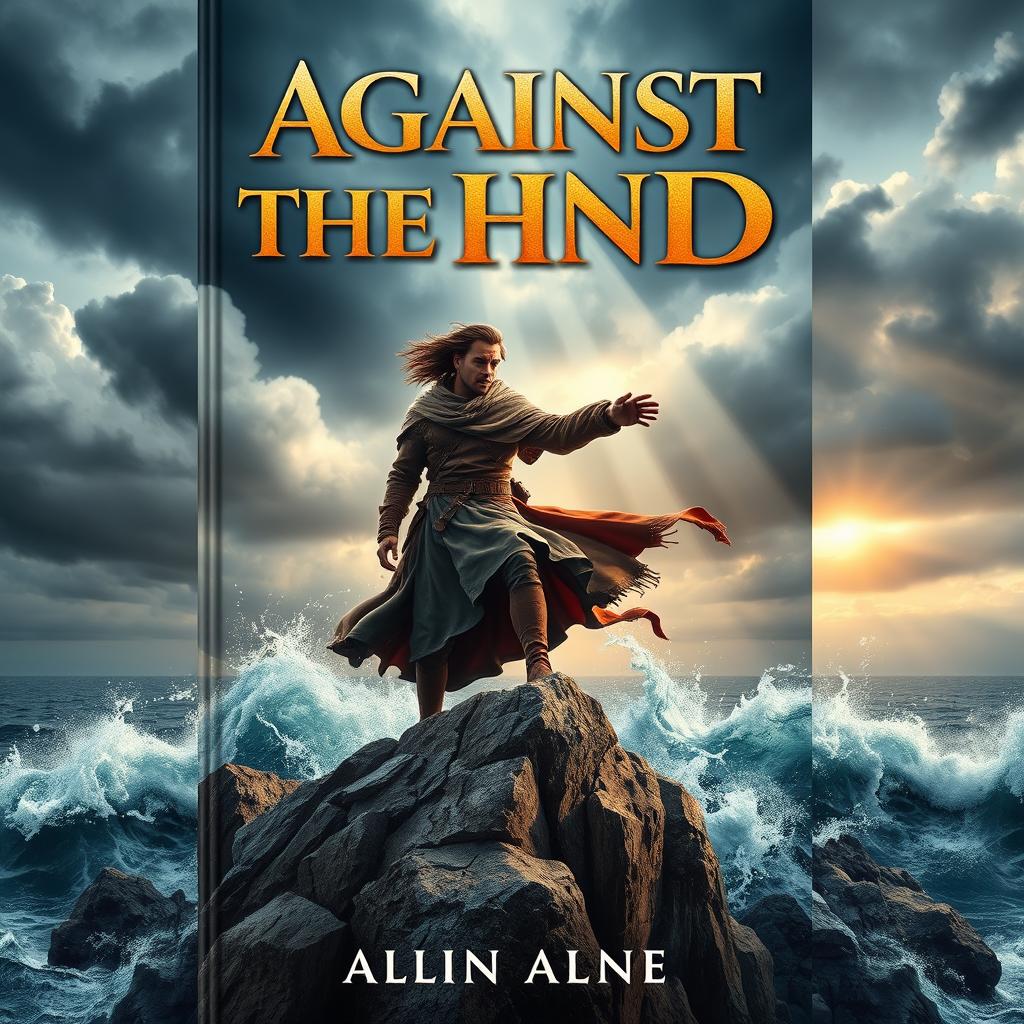 A striking book cover for 'Against the Wind', showcasing a heroic figure standing on a rocky cliff, firmly facing strong winds that whip around