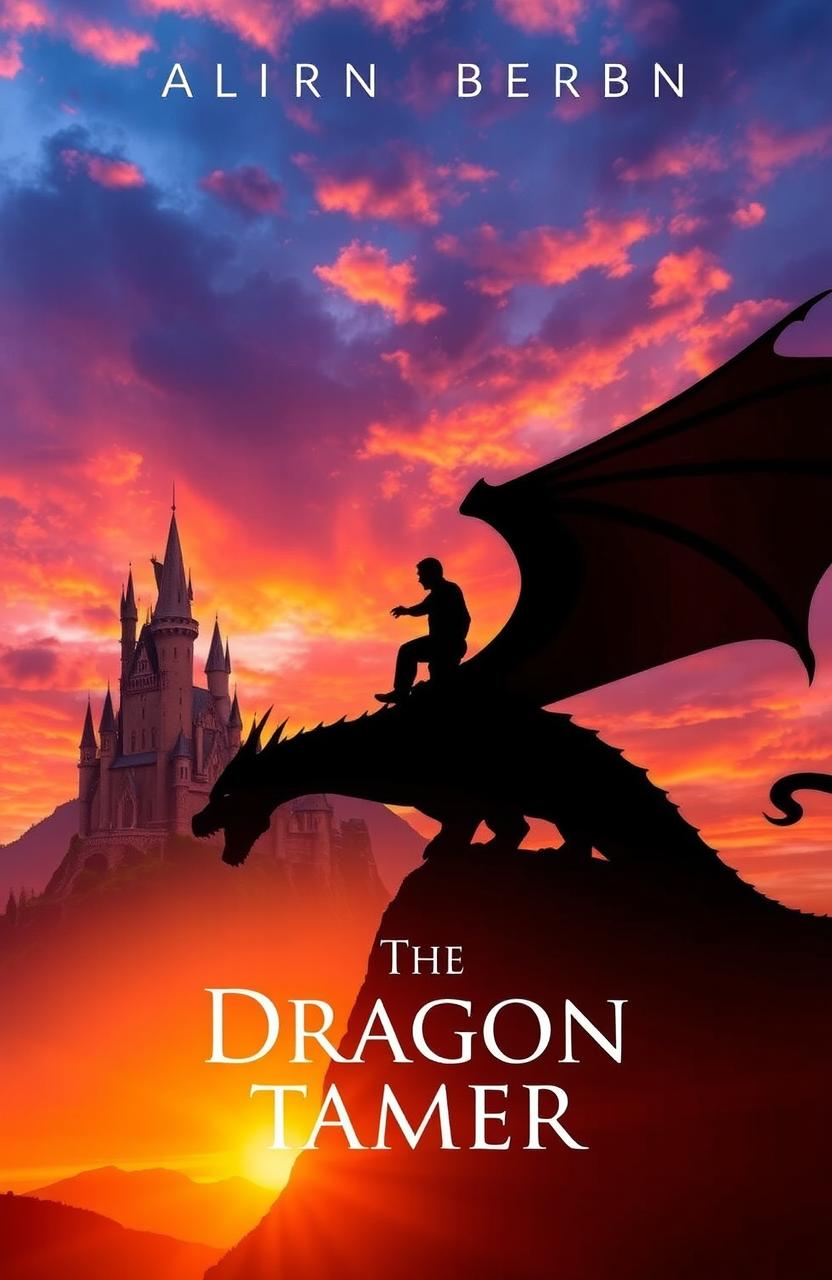 A stunning sunset casting vibrant hues of orange, pink, and purple across the sky, creating a breathtaking backdrop for a majestic castle perched atop a verdant hill