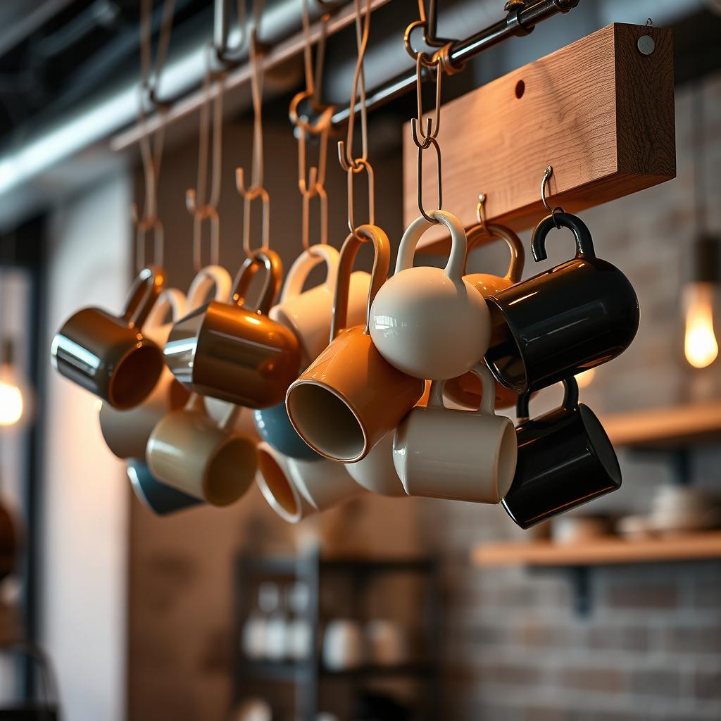 A vertical design featuring Instagrammable hanging mugs in a modern industrial setting, beautifully illuminated