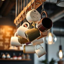 A vertical design featuring Instagrammable hanging mugs in a modern industrial setting, beautifully illuminated