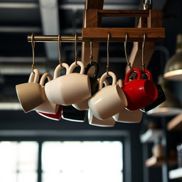 A vertical design featuring Instagrammable hanging mugs in a modern industrial setting, beautifully illuminated
