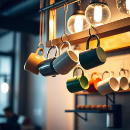 A vertical design featuring Instagrammable hanging mugs in a modern industrial setting, beautifully illuminated
