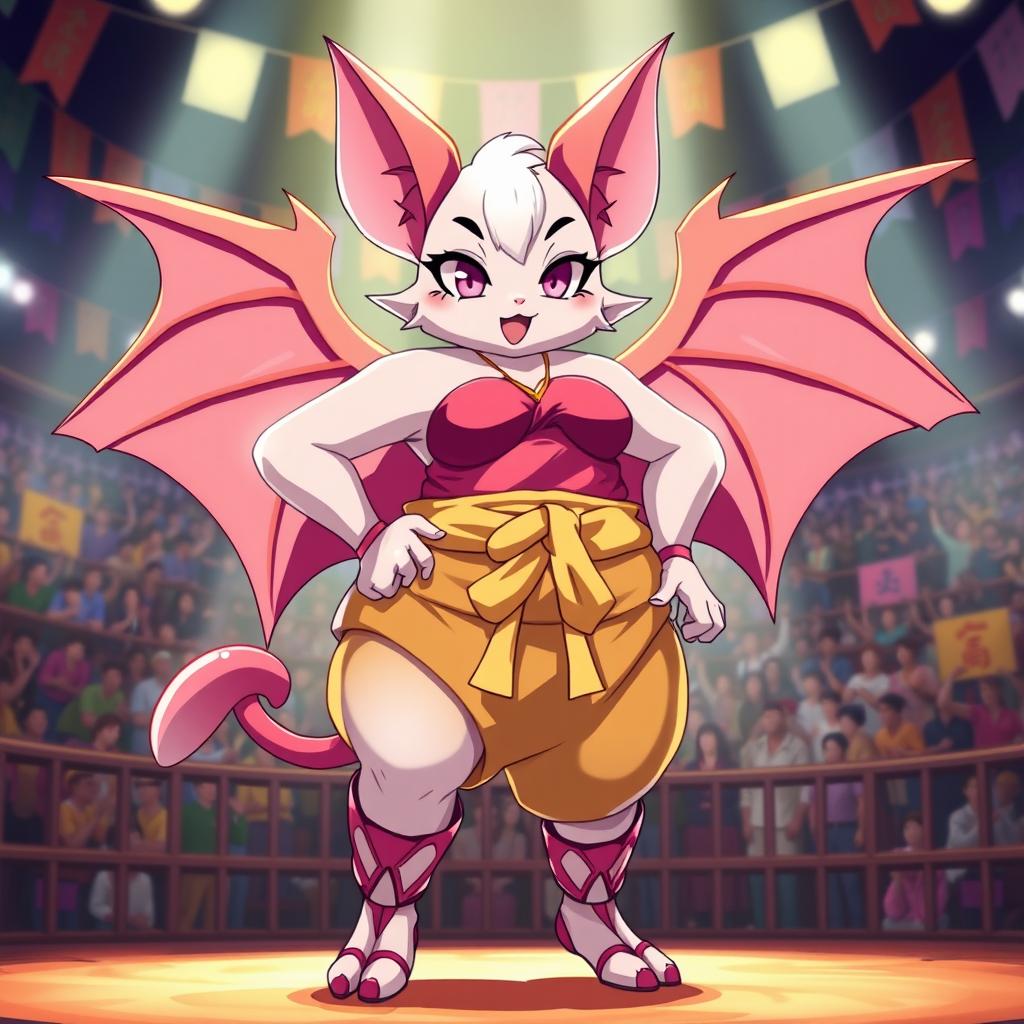 A vibrant illustration of Rouge the Bat as a sumo wrestler, featuring her in a colorful sumo outfit, complete with a mawashi belt and traditional sumo footwear
