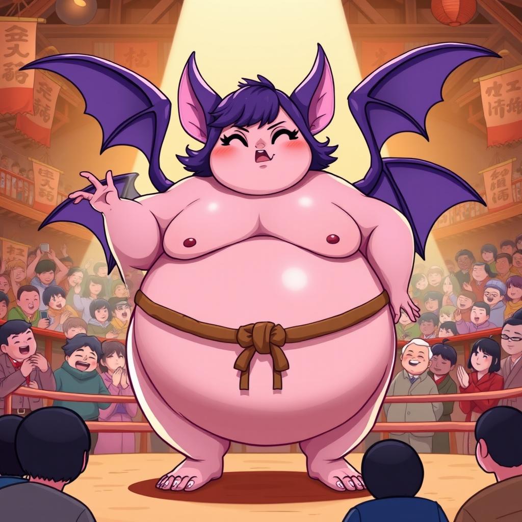 A whimsical and playful illustration of a fat female version of Rouge the Bat as a sumo wrestler