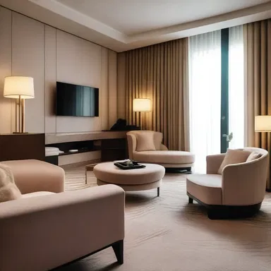 The amative ambiance of the luxurious hotel was created with an elegant combination of soft colors and plush furnishings.
