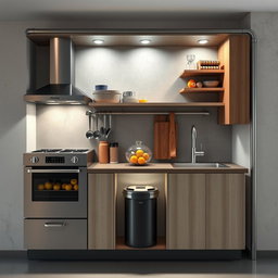 A vertical and industrial kitchen design showcasing an organized space that includes an oven, stove, sink, and a fruit storage unit