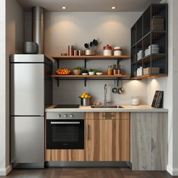 A vertical and industrial kitchen design showcasing an organized space that includes an oven, stove, sink, and a fruit storage unit