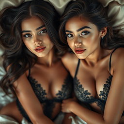 Two young, petite brunette Arabic twin sisters with beautiful tan skin, lying closely together in an intimate and elegant setting