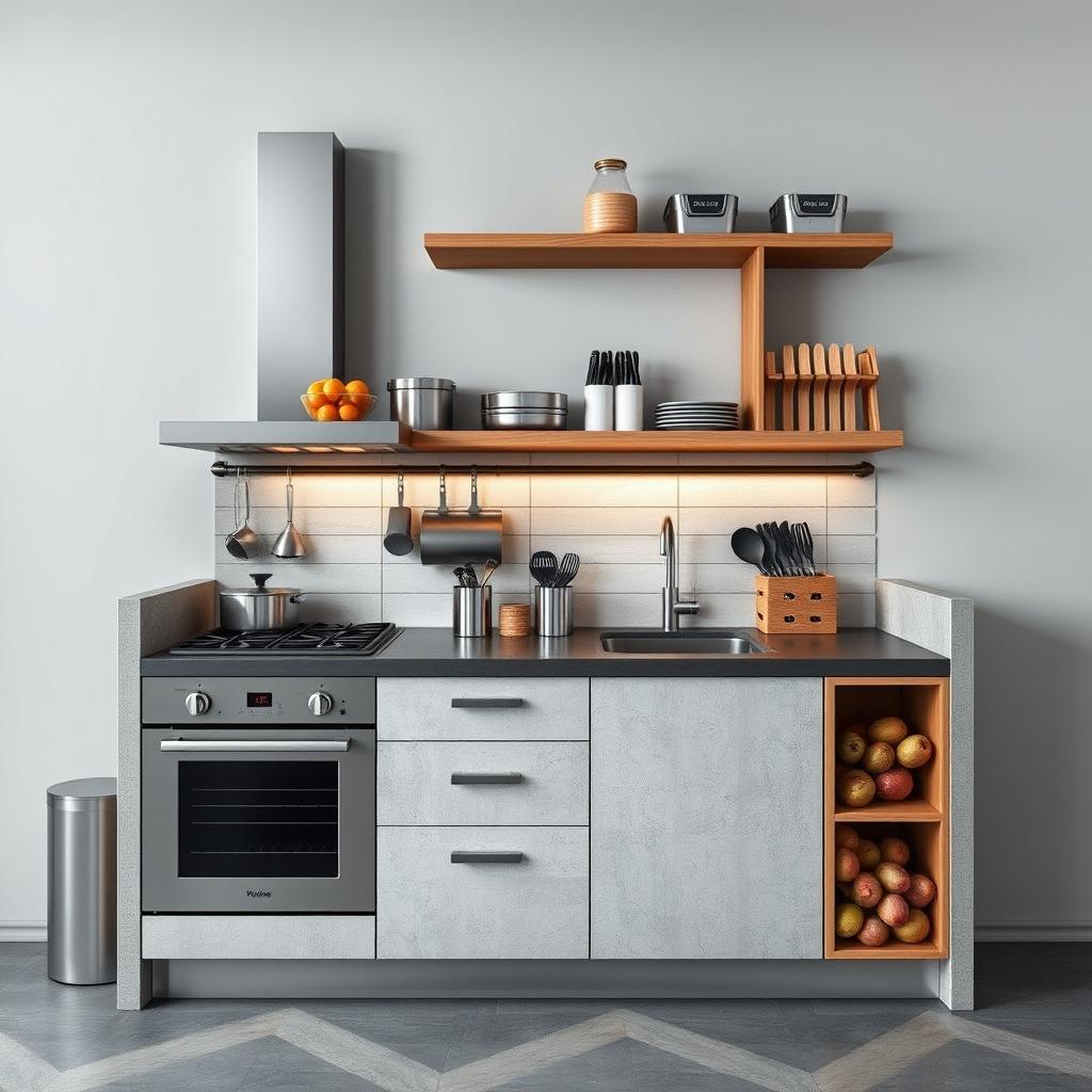 A vertical and industrial kitchen design showcasing an organized space that includes an oven, stove, sink, and a fruit storage unit