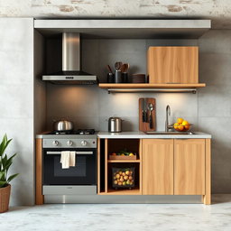 A vertical and industrial kitchen design showcasing an organized space that includes an oven, stove, sink, and a fruit storage unit
