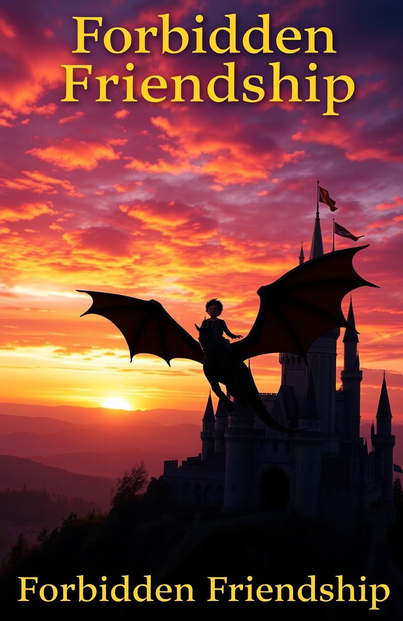 A captivating sunset over a majestic castle perched on a hill, with vibrant hues of orange, pink, and purple filling the sky