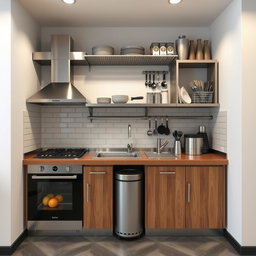 A vertical and industrial kitchen design for a restaurant or cafeteria, showcasing a well-organized layout featuring an oven, stove, sink, and a fruit storage unit