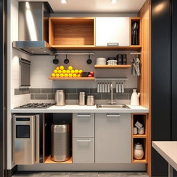 A vertical and industrial kitchen design for a restaurant or cafeteria, showcasing a well-organized layout featuring an oven, stove, sink, and a fruit storage unit