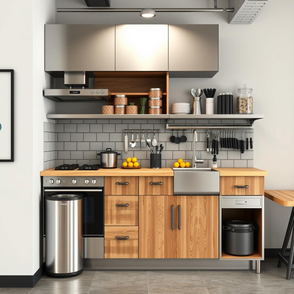 A vertical and industrial kitchen design for a restaurant or cafeteria, showcasing a well-organized layout featuring an oven, stove, sink, and a fruit storage unit
