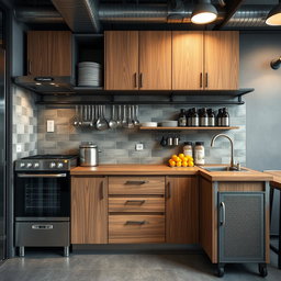 A vertical and industrial kitchen design for a restaurant or cafeteria, showcasing a well-organized layout featuring an oven, stove, sink, and a fruit storage unit