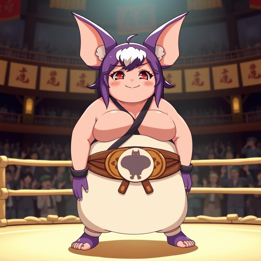 A fat female version of Rouge the Bat depicted as a sumo wrestler, showcasing her signature bat ears, purple and white fur, and cheeky smile