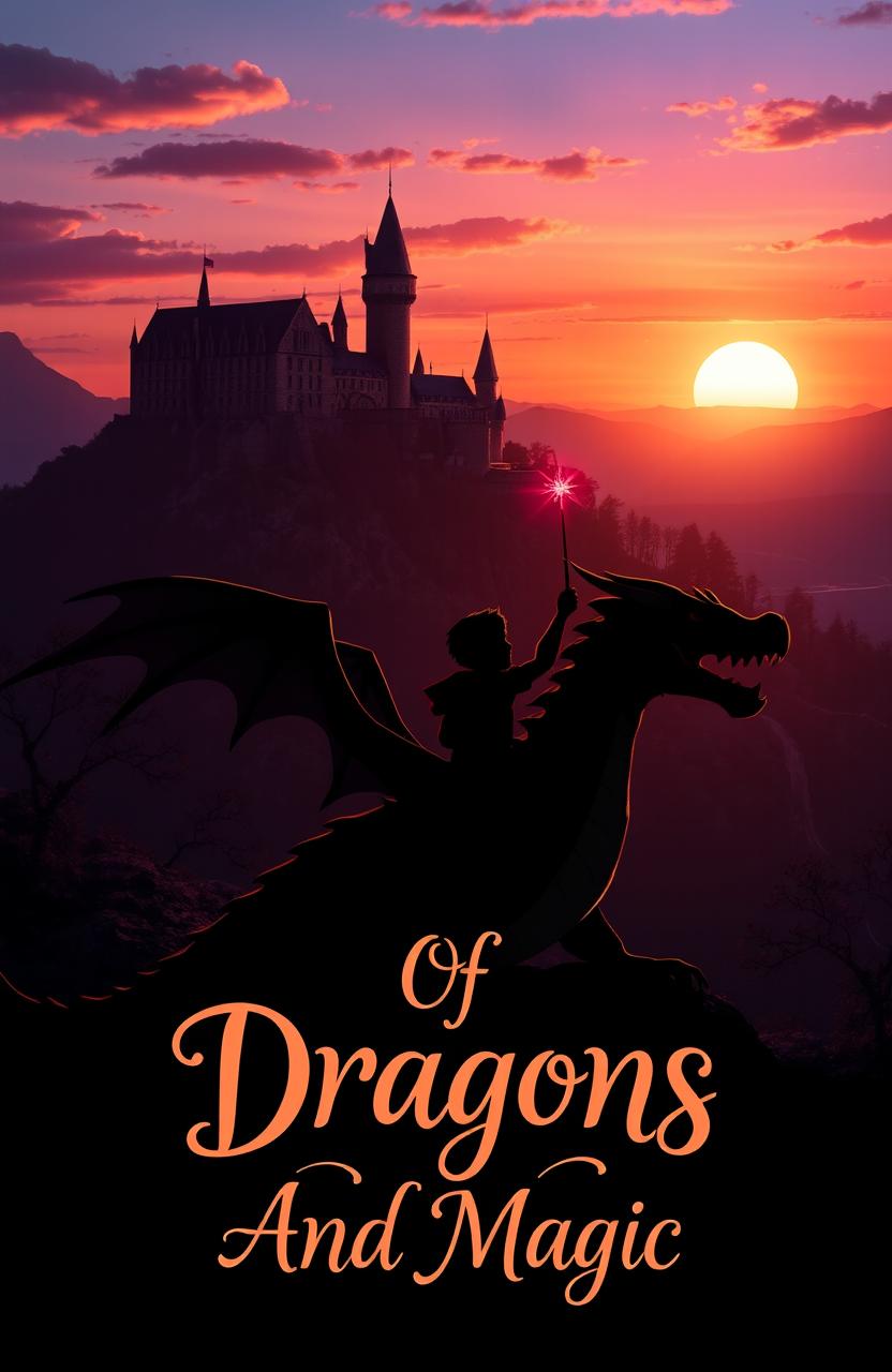 A breathtaking sunset illuminating a grand castle perched on a hill, casting long shadows and a warm glow across the landscape