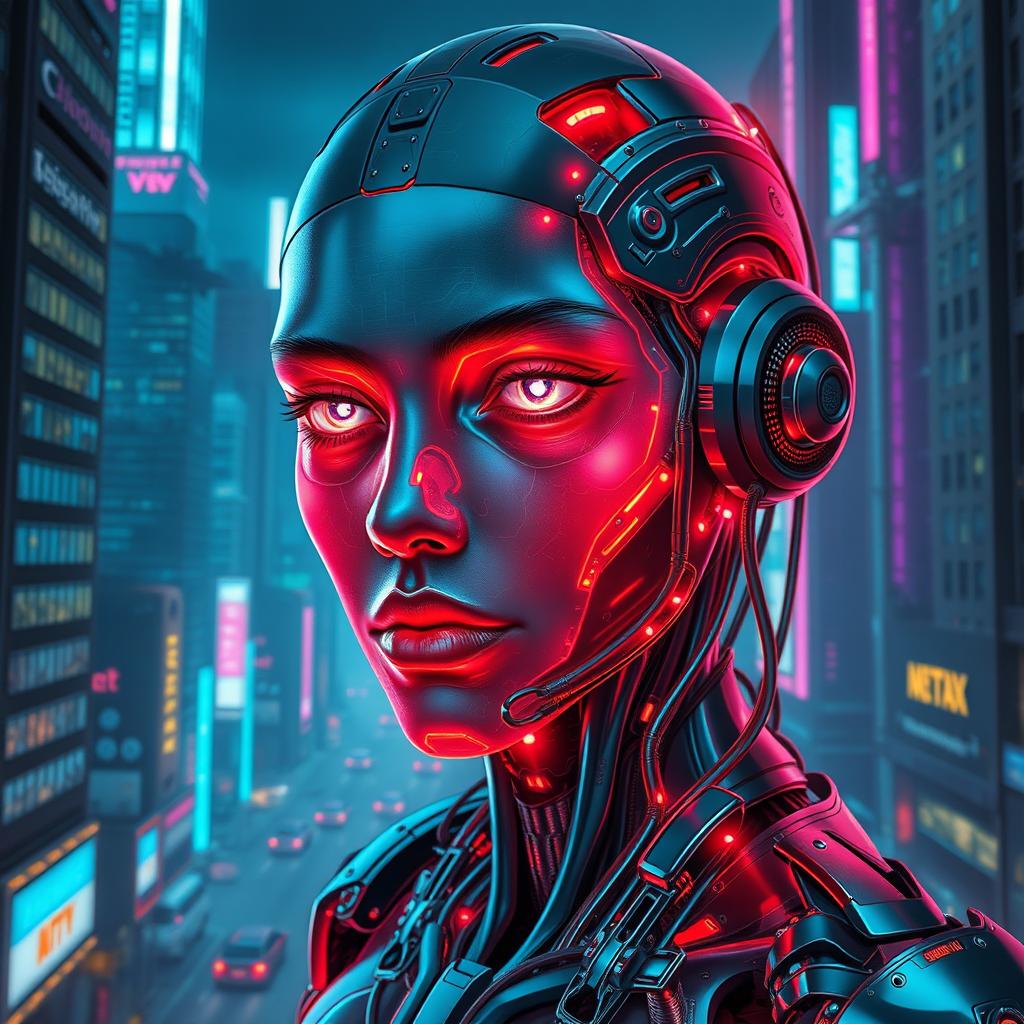 A stunning futuristic portrait of a cyborg, blending human features with advanced robotic elements