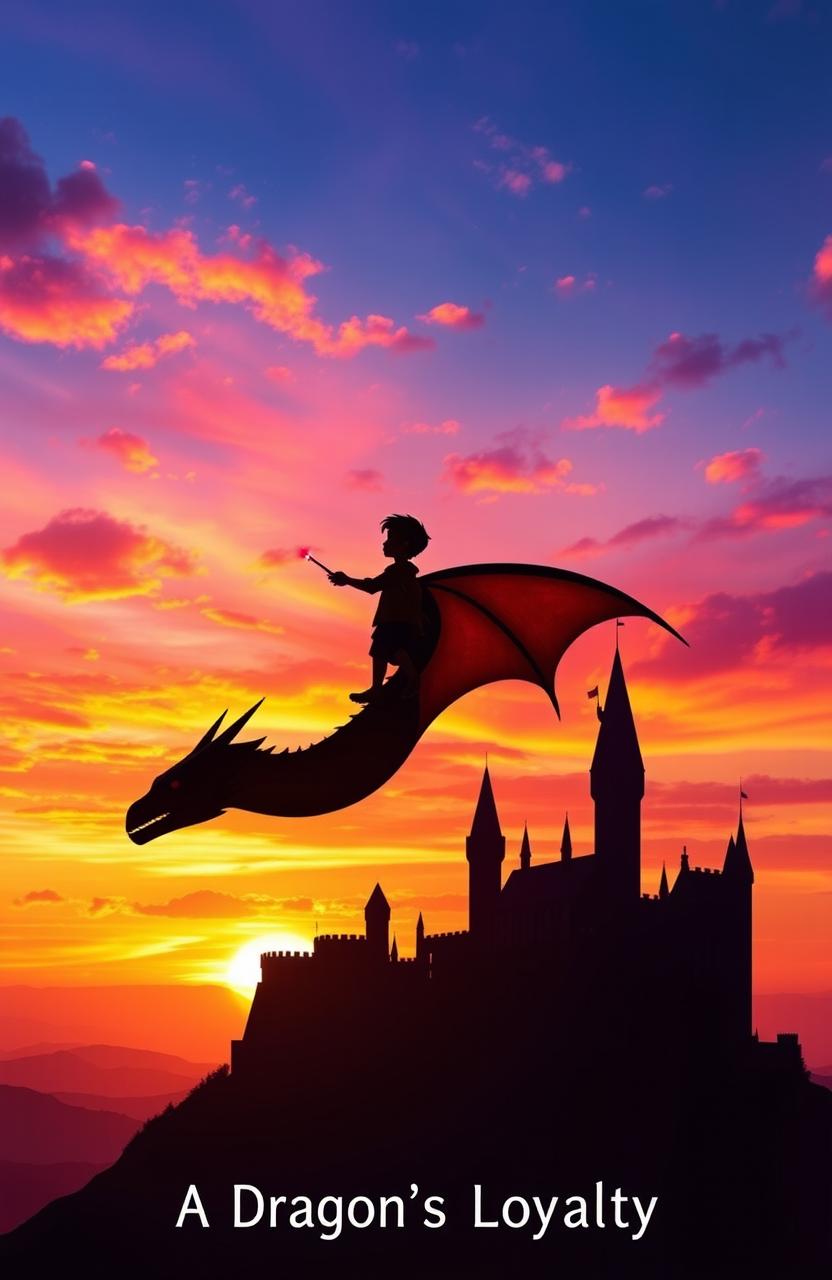 A breathtaking sunset over a majestic castle set on a hill, the sky ablaze with vibrant hues of orange, pink, and purple