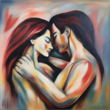 The artist's amative painting depicts a passionate embrace between two lovers, evoking strong emotions in the viewers.