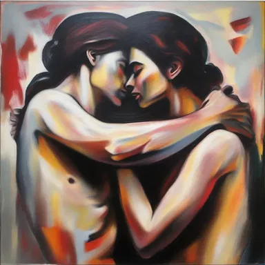 The artist's amative painting depicts a passionate embrace between two lovers, evoking strong emotions in the viewers.