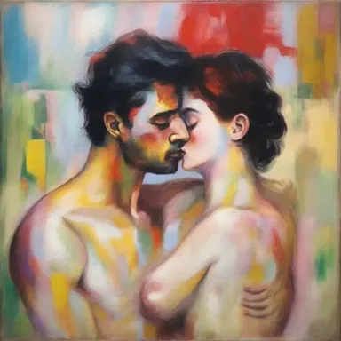The artist's amative painting depicts a passionate embrace between two lovers, evoking strong emotions in the viewers.