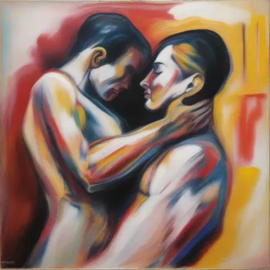 The artist's amative painting depicts a passionate embrace between two lovers, evoking strong emotions in the viewers.