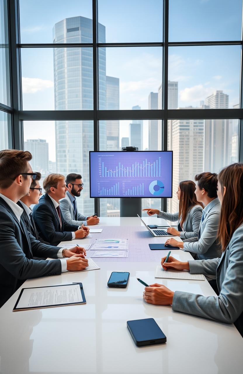 A corporate report setting, depicting a modern office conference room with a large table surrounded by executives engaging in discussion