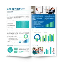 A detailed, visually appealing report layout featuring a clean and modern design