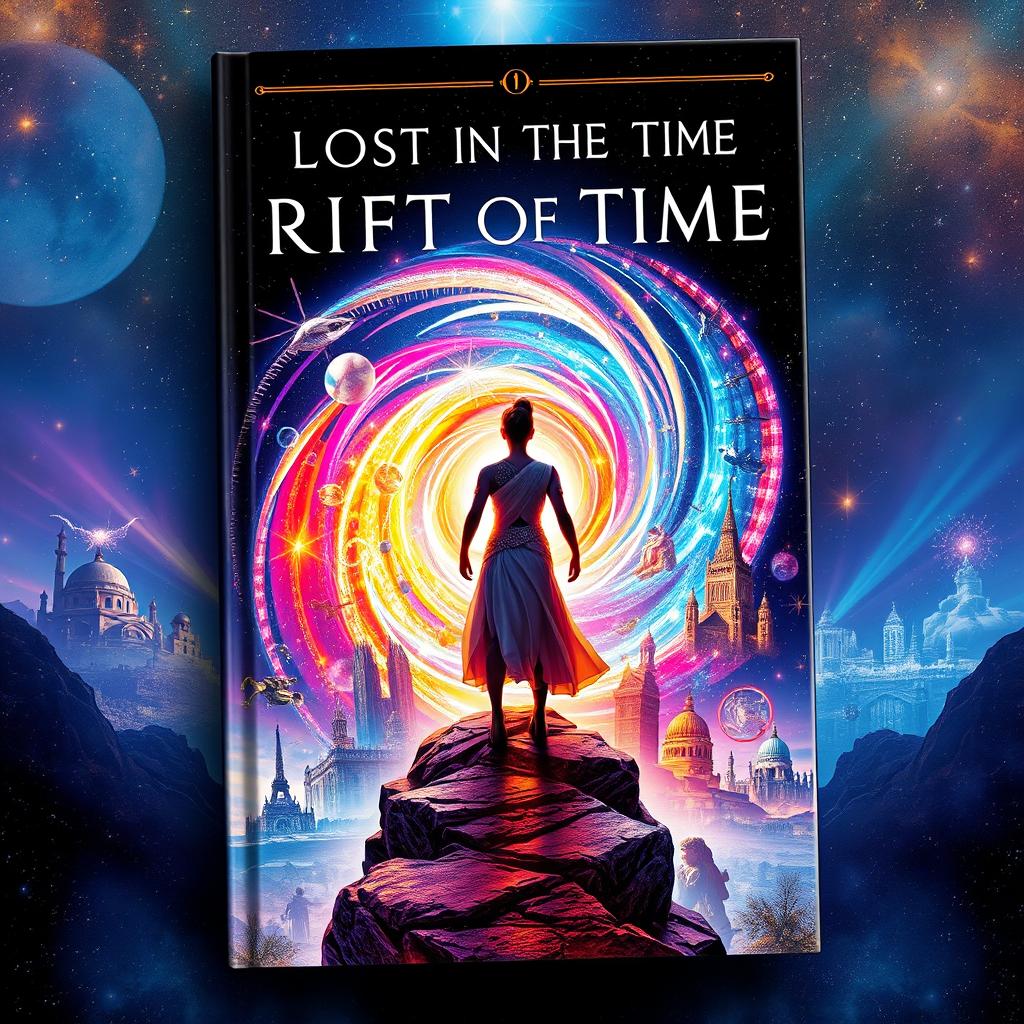 An enchanting book cover for 'Lost In The Rift Of Time', featuring a mesmerizing scene that captures the essence of time travel