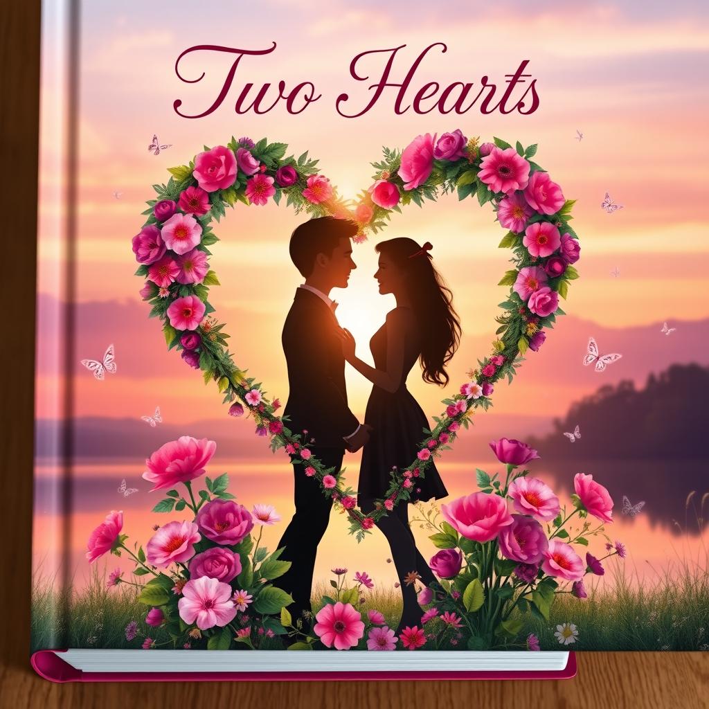 A beautifully romantic book cover for 'Two Hearts', featuring an enchanting scene of two intertwined hearts made of vibrant flowers and greenery