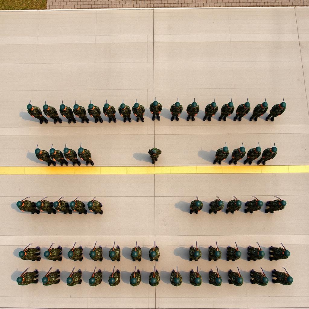 An aerial view of a military drill showcasing three lines of soldiers in precise formation