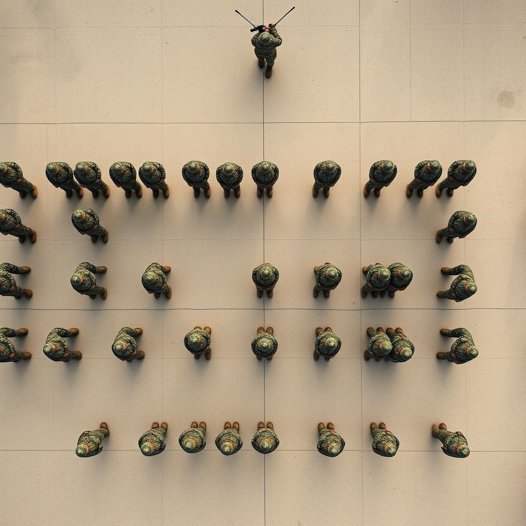 An aerial view of a military drill featuring three distinct ranks of soldiers