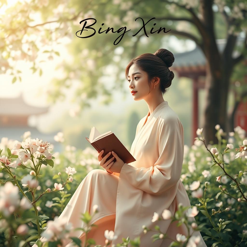 A beautifully designed book cover for 'Bing Xin', featuring an elegant and serene portrait of a woman embodying the spirit of tranquility and introspection