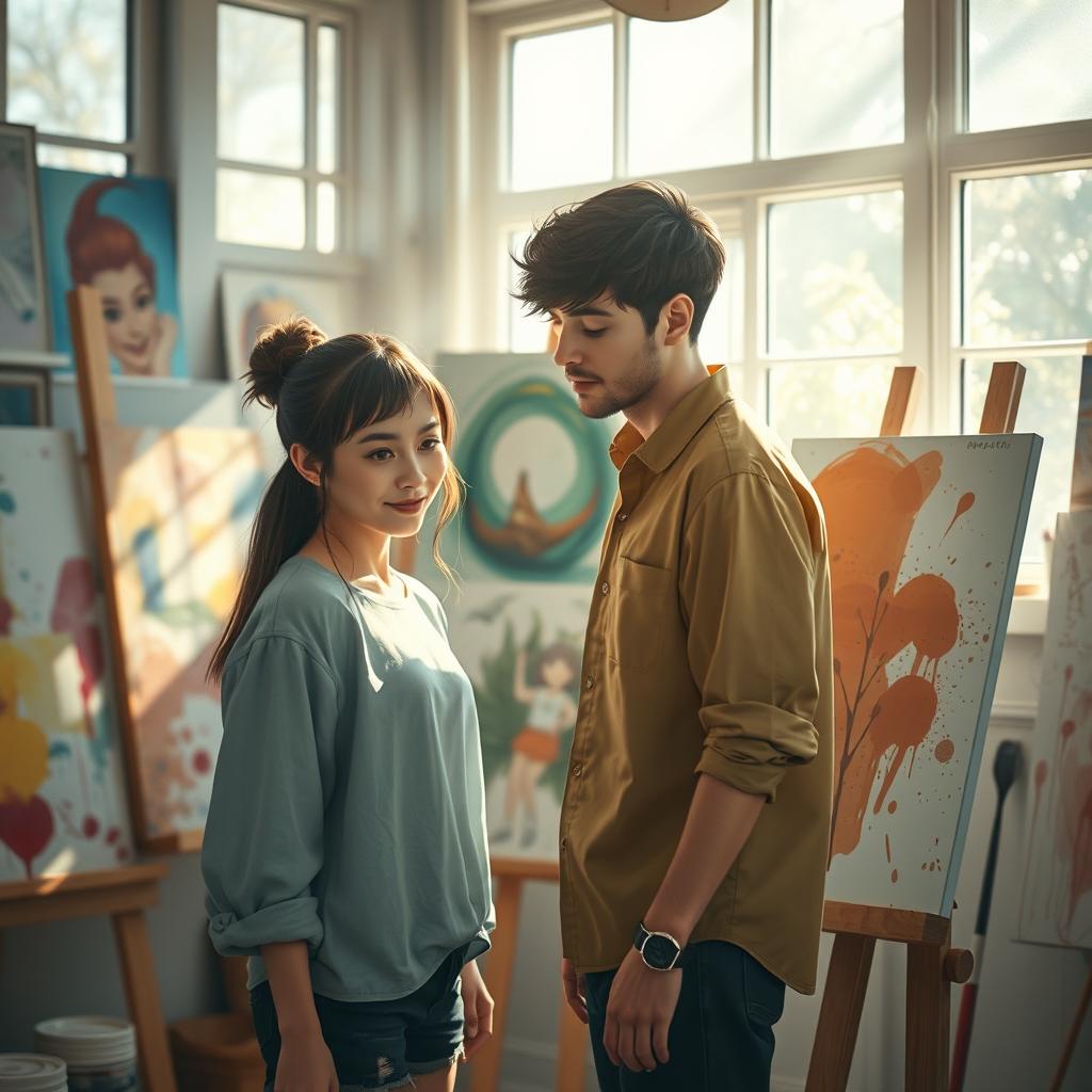 A heartfelt scene capturing the essence of 'Till Our Last Eclipse', featuring Luna and Callan in a cozy, sunlit art studio filled with vibrant canvases and paint splatters