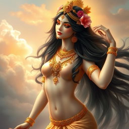 A stunning depiction of a half-naked apsara, the celestial dancer from Hindu mythology, exhibiting elegance and grace