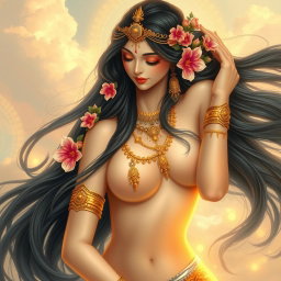 A stunning depiction of a half-naked apsara, the celestial dancer from Hindu mythology, exhibiting elegance and grace