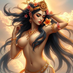 A stunning depiction of a half-naked apsara, the celestial dancer from Hindu mythology, exhibiting elegance and grace