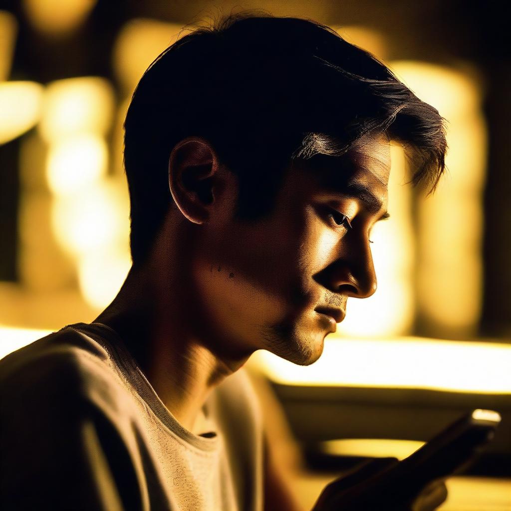 Closeup profile view of an individual deeply engrossed in their iPhone at night, their features softly lit by the glow of the screen.