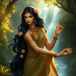 An ethereal, celestial figure resembling a divine apsara, depicted in traditional Indian attire with flowing silk garments and intricate jewelry